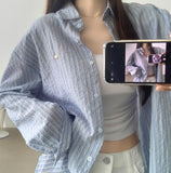 Seersucker Loose-fit Pendant Point Stripe Long Sleeve Shirt