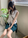 Leeum pleated shirring string sleeveless blouse