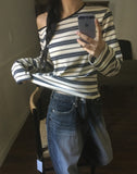 Giron Stripe One Off Shoulder Unbalance T-Shirt