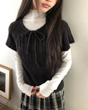 Moon round neck ribbon layered wool short sleeve knit