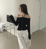 Off-shoulder Ribbed Knit Strap Set Cardigan