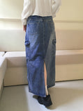 Pluck cut cargo pocket back band slit denim long skirt