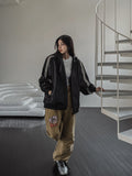 Track shirring leather hooded jacket