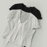 Petite Tie Puff Sleeve Crop Short Sleeve Blouse