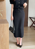 Elnia V-neck Puff Knit Cardigan H-Line Skirt Set