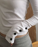 Juen Shoulder Slit Button Long Sleeve T-shirt
