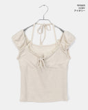 [Fake Layered] Jaden Eyelet Ribbon Halter Neck Shirring Puff Sleeveless