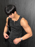 Pigment Dyeing Washing Vintage Muscle Fit Henley Neck Sleeveless