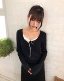 Dew Lace Loose Fit Button Shirring Long Sleeve T-Shirt