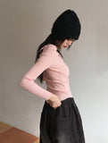 Atter strap deep V-neck slim ribbed crop long sleeve knit