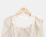 [Muffler Set] Hassen Ribbon Halterneck Puff Blouse Set