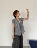 Temuk Check Frill Short Sleeve Blouse