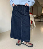 Metaca stitch pocket slit denim long skirt