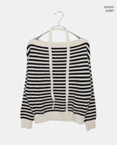 [Muffler SET] Ked Stripe Off-Shoulder Long-Sleeve Knit