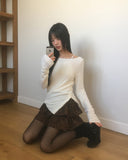 Saff Fur Slit Button Boat Neck Knit T-shirt