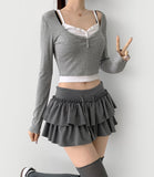 Tiered Flared Mini Underpants Banding Cotton Skirt Pant