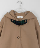 Tikoy check color matching duffel quilted hood wool half coat