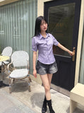 Two-Win Stripe Slim Fit Cropped Short-Sleeved Shirt