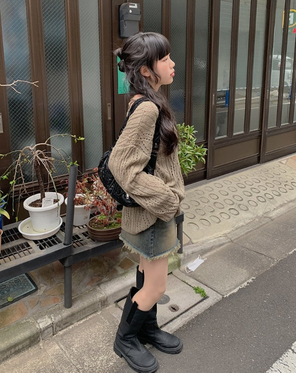 【Anyone more】Eoseun Denim Wash Mini Skirt Anyone more (エニワンモア) - オスンデニムウォッシュ加工ミニ