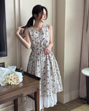 [Strap set] Gloss Floral Color Matching Sleeveless Long One Piece