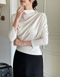 Dielb Half Neck Unbalanced Drape T-Blouse