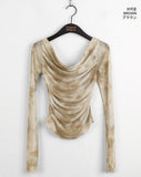 Lutz See-Through Tie-Dye Printing Shirring Mesh Long Sleeve Off-Shoulder T-Shirt