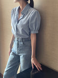 Two Pin Stripe Puff Short Sleeve Shirt Blouse