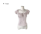 Deto Shirring Heart Neck Lace Ribbon Short Sleeve T-Shirt