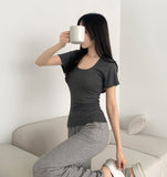Deep U-neck Square Neck Slim Fit Short Sleeve T-Shirt