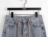 Soan string washing long wide denim pants