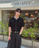Leviron Two-Pocket Cut-out Collar Short-Sleeve Cardigan