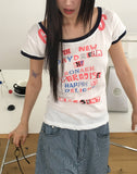 Fleet Off-Shoulder Lettering Print Ringer Color Matching Short Sleeve T-Shirt