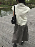 Lambs Button Collar Shirred Puff Blouse Shirt