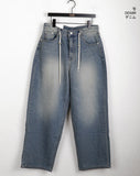 teki string washing wide denim pants