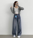 Pin Tuck Banding Casual Long Wide Washing Denim Pants