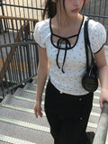 Demin Flower Ribbon Puff Short Sleeve T-Shirt