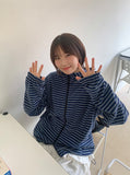 [unisex] Konekin two-way striped over knit hooded zip-up
