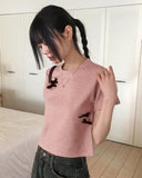 [Ribbon pin] Luce Velvet Ribbon Terry Cropped Short Sleeve T-shirt