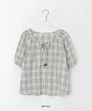 Shuya round check ribbon short sleeve blouse