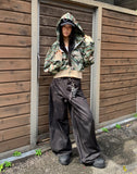 Bifu Embroidery Adjust Balloon Fit Wide Cotton Long Pants