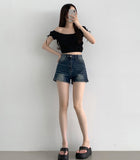 Side Slit Point Washing Denim Shorts