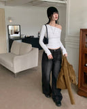 Vemon Unbalanced Shoulder Curve Snap Button Long-Sleeved Cardigan T-shirt