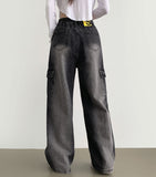 Cargo Pocket Washing Cut Line Wide Fit Denim Pants
