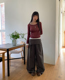 [Fake Layered SET] Chica Kitching Side Two-Button Pintuck Wrap Skirt Wide Long Pants