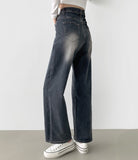 Elastic semi-wide washed denim pants XL Size