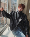 Zadon High-Neck Overs Fit Leather Jacket