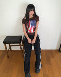 Richin American Flag Stud Rivet Unbalanced Off-shoulder Short Sleeve T-shirt