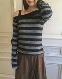 [Brushed Lining] Knockin Stripe One Shoulder Unbalanced Knit T-shirt
