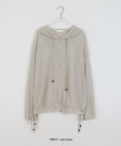 Nenti Linen Wood Beads Strap Shirring Hood Zip-up