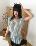 Serine Tiered Ribbon String Wrinkle Short Sleeve Blouse
